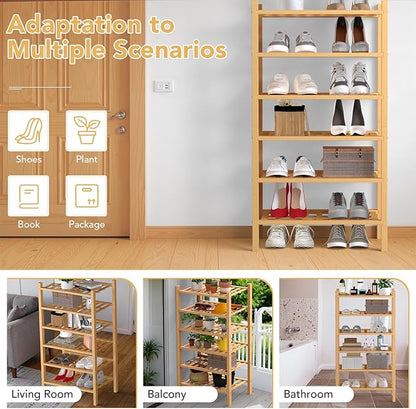 Haddockway small 6 Tier Bamboo Shoe Rack Storage Organizer,Multifunctional Free Standing Stackable Shoe Shelf with Grid Panel for Closet,Hallway,Entryway,Small Space 18"x11"x34"(Natural, 6-Tier Small)