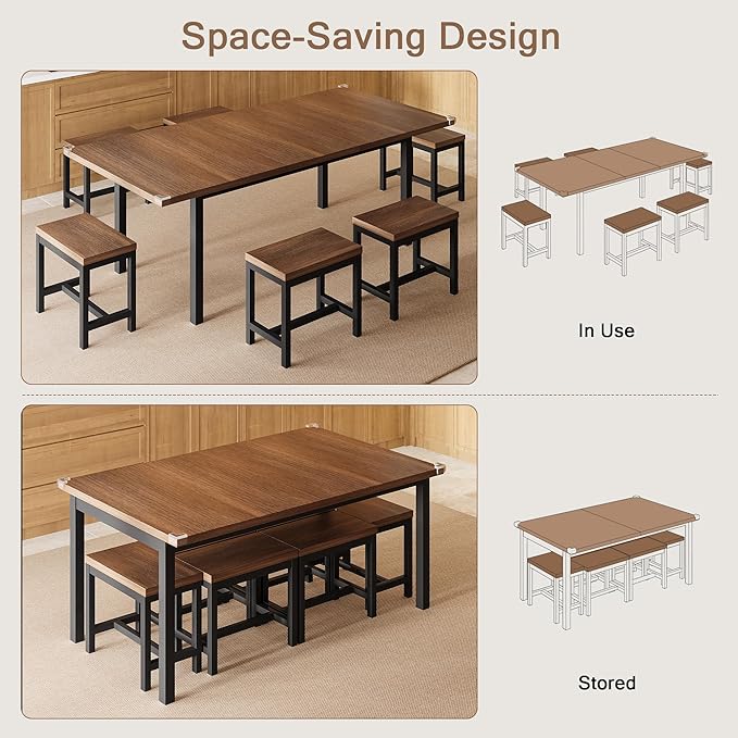 7-Piece Dining Table Set, 63" Extendable Kitchen Room Table with 6 Stools, Mid Century Modern Dinner Table with Metal Frame & MDF Board, Space-Saving, Easy Assembly, Walnut