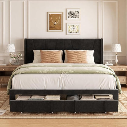 King Bed Frame with Storage Drawers, Upholstered Platform Bed with Headboard and Wingboard, No Box Spring Needed, NO Noise, Easy Assembly, Wooden Support Slats, Black