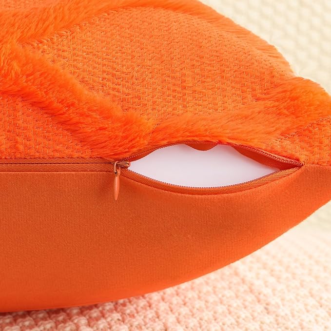 decorUhome Fall Throw Pillow Covers 18x18 Inch Set of 2, Soft Plush Faux Fur Wool Orange Couch Pillow Covers, Decorative Neutral Pillow Cases for Bed Sofa Living Room Home Decor