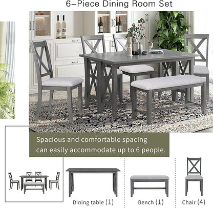 Ball & Cast 6-Piece Dining Table Set, 60" Wood Dining Kitchen Table & Chairs Set, Rectangular Dining Room Foldable Table with 4 Upholstered Chairs & 1 Bench,Perfect for Dining Room, Kitchen, Gray