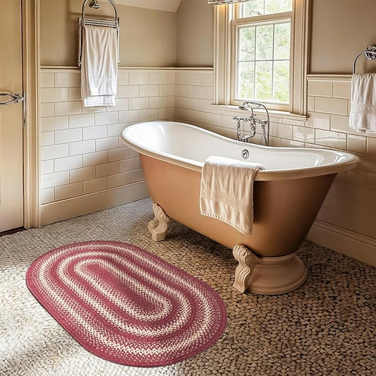 Autumn Maple Burgundy and Tan Oval Braided Rug, Jute, 27"x45" - Rustic Primitive Decor for Entryway, Kitchen, Everywhere