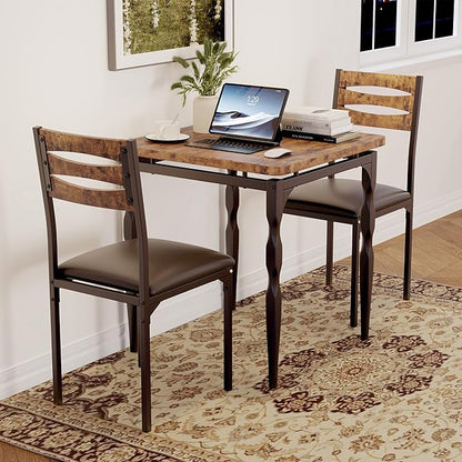 GarveeHome Dining Table Set for 2, Dining Table and Chairs Set of 2, 3 Piece Dining Table Set with Spiral Table Legs for Small Spaces, Kitchen, Apartment, Brown