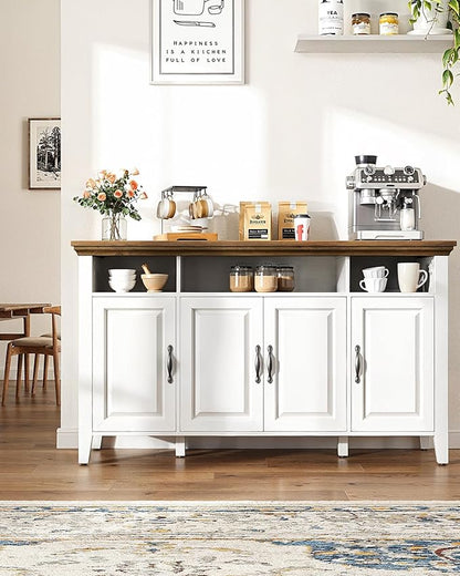Marsail Sideboard Buffet Cabinet with Storage, 55" Farmhouse Kitchen Buffet Bar Table 4 Door Storage Cabinets for Dining Room Furniture, Wood White