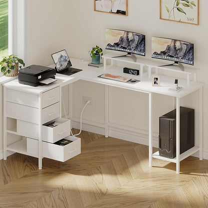 59 inch L Shaped Computer Desk with Power Outlets, Home Office Desk with 4 Adjustable Storage Drawers & 2 Monitor Stands, Two Person Gaming Table for Bedroom, White