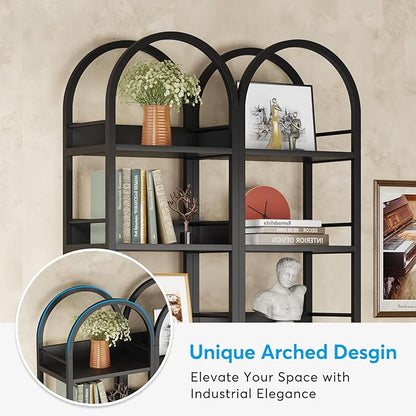 LITTLE TREE 6-Tier Open Bookshelf Set 2, Freestanding 78.7" Tall Arched Bookcase, Black Wooden Bookshelf with Metal Frame, Narrow Bookcase Display Shelves for Living Room, Bedroom, Office