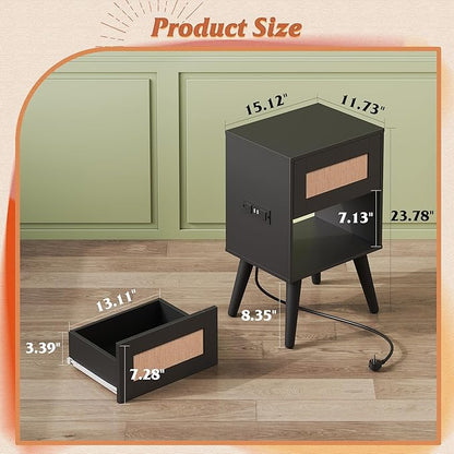WLIVE Black Rattan Night Stand with Charger Station, Small Side Table Drawer Storage and Shelf, Mid Century Nightstands with Rattan Decor, Small Side Table for Bedroom, Black