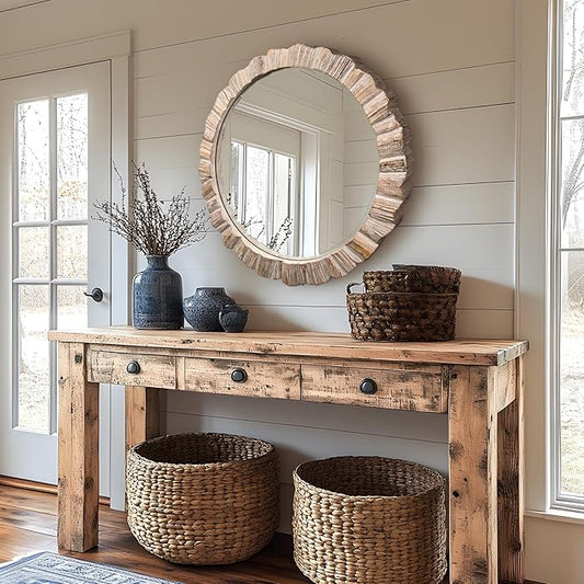 35" Wood Round Mirror, Rustic Wall Mirror with Thick Frame, Large Round Mirrors for Wall Decor, Wooden Circle Beveled Mirrors for Entryway, Farmhouse, Washed White