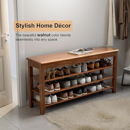 Shoe Storage Bench for Entryway - 4 Tier Shoe Rack for Front Door Entrance, Rubberwood Shoes Rack Height Adjustable, Entryway Bench with Shoes Storage for Any Room (Walnut, 47.2" W)