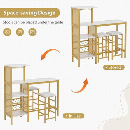 VECELO Bar Table and Chairs Set for 2, 3-Piece Dining Set with Storage Shelves, Cup Holder & Wine Rack, PU Leather Cushion Stools, for Kitchen Small Space, Gold
