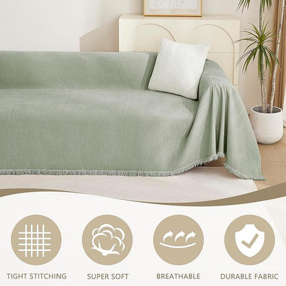 MYSKY HOME Sectional Couch Cover Blanket Living Room Furniture Protector for Pets, Farmhouse Home Decor Sofa Covers Tassel Chenielle Sofa Slipcover Soft Throw Couch for Dogs,71" X 118", Sage Green