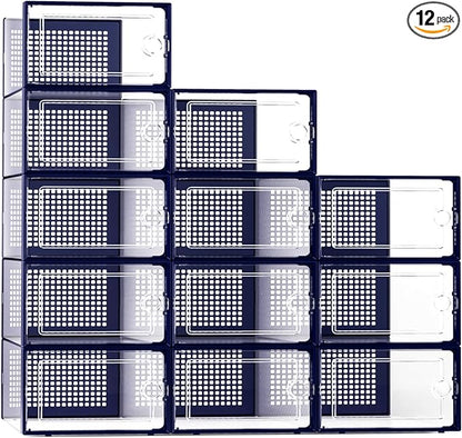 Kuject X-Large Shoe Storage Boxes Organizers Clear Plastic Stackable 12 Pack, Shoe Rack & Holder Substitute, Sneaker Containers, Toy Storage Organizer Bins for Entryway, Closet, Under Bed, Blue