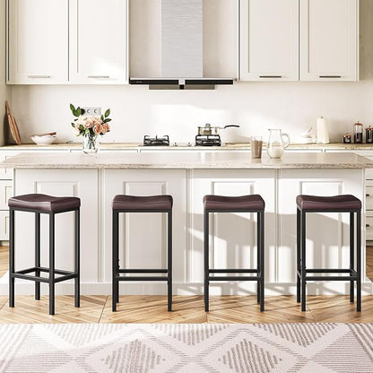 HOOBRO Bar Chairs, Set of 2 Counter Height Saddle Stools with Curved Surface, 24.8 Inches, 2.4" Thick Upholstery, for Kitchen and Dining Room, Brown and Black BC10BY01