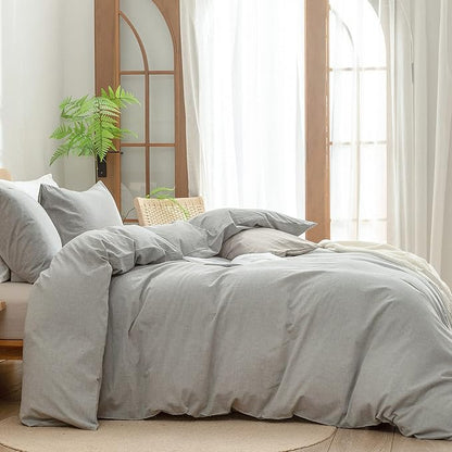BESTOUCH Duvet Cover Set 100% Washed Cotton Linen Feel Super Soft Comfortable Chic Lightweight 3 PCs Home Bedding Set Solid Light Grey Cal King