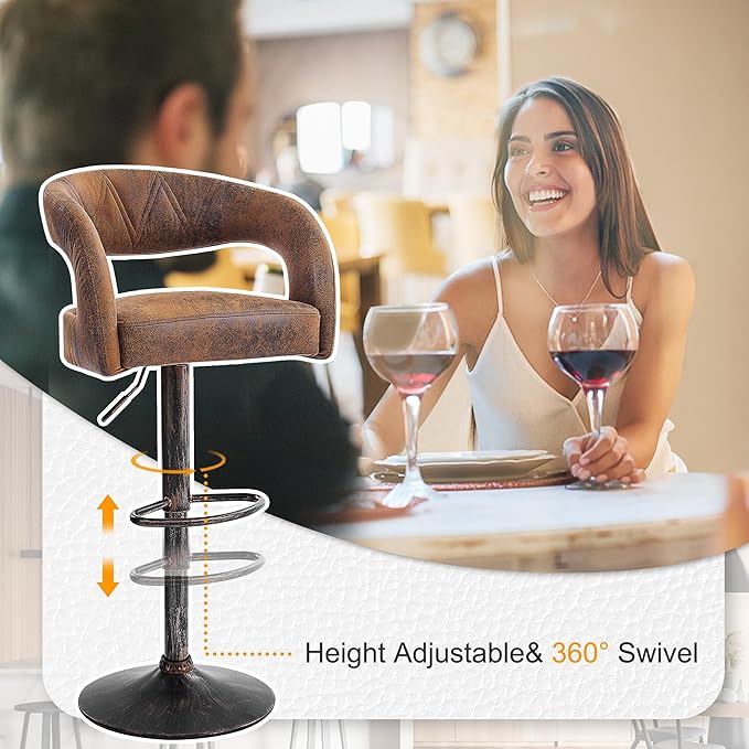 VECELO Bar Stools Set of 2 Adjustable Swivel Modern Pu Leather Barstools, Counter Bar Stools with Back and Arms, for Kitchen, Bar (Dark Brown)