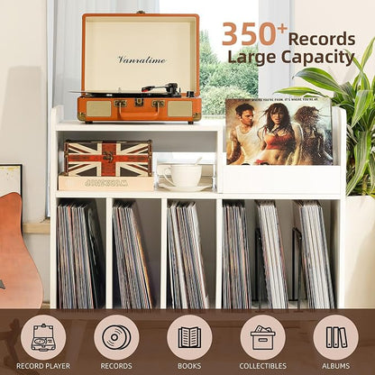 Record Player Stand, Large Record Player Table Cabinet with Open Vinyl Storage and Display Shelf Holds up to 350 Albums, Mid Century Wood Turntable for Living Room, Bedroom (White)
