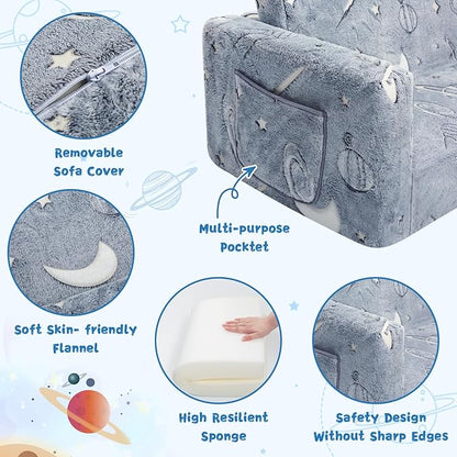 Toddler Chair Comfy,2-in-1 Soft Toddler Couch Fold Out for Kids,Convertible Sofa to Lounger,Gift for Girls and Boys Birthday,Space,Medium