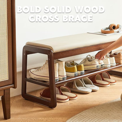 Solid Wood Shoe Bench, 2-Tier Wooden Storage Entryway Bench, Small Entryway Bench, Mid-Century Modern Bedside Bench with Faux Leather Cushion for Dining Room Living Room, Cream Grey 21.65''