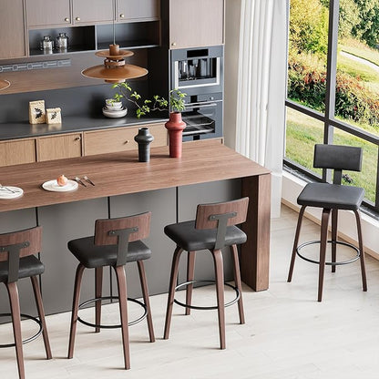 IRONCK Counter Height Bar Stools Set of 2, 29'' Faux Leather Upholstered Barstools with Back, Footrest, Wood Texture Bent Legs, Mid-Century Modern 360° Swivel Bar Stools for Kitchen Island, Black