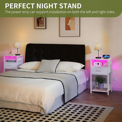 Yoobure Side Table - Night Stand with Charger Station & LED Light, 3 Tier Small End Table Living Room, Bedside Table with Drawer, Record Player Stand with Vinyl Storage, White Nightstand for Bedroom
