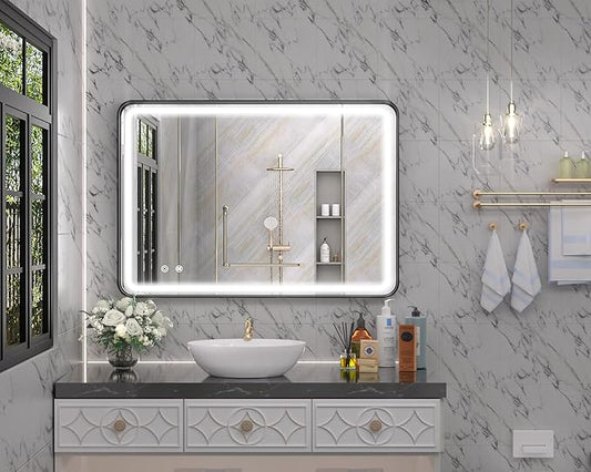 Hasipu LED Bathroom Mirror with Lights 40 x 26 Inch, Black Metal Frame Light Mirror for Vanity Anti-Fog, Dimmable, 3 Colors (Horizontal/Vertical)