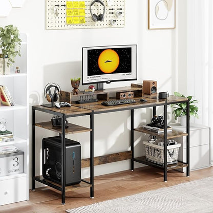 Computer Desk Gaming Desk with Monitor Stand, Home Office Desk Suitable for 2 Monitors, Writing Desk with Adjustable Storage Space,Sturdy and Durable Modern Small Desk (Vintage, 55 inchs)