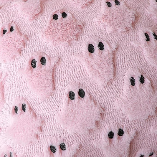 4TH Emotion Halloween Ghost Decorative Lumbar Pillow Covers 12x20 Set of 2, Pink Soft Plush Faux Fur Farmhouse Throw Cushion Cases for Fall Autumn Holiday Home Decorations