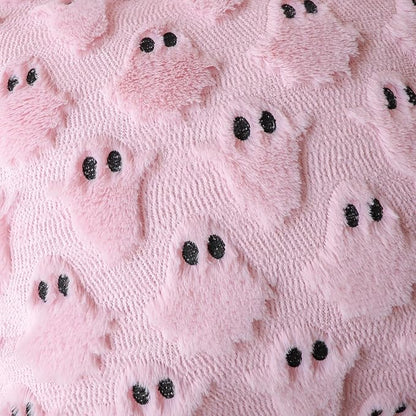 4TH Emotion Halloween Ghost Decorative Pillow Covers 18x18 Set of 2, Pink Soft Plush Faux Fur Farmhouse Throw Cushion Cases for Fall Autumn Holiday Home Decorations
