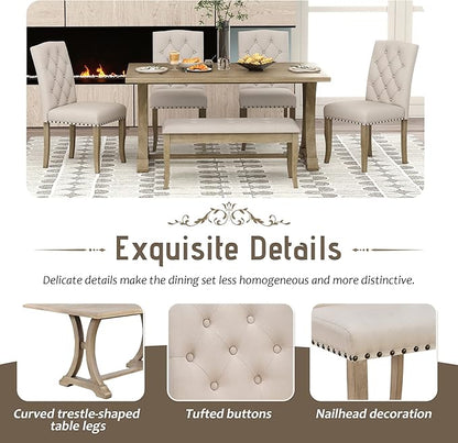 Ball & Cast Dining Table Set for 6, 60" Rectangular Dining Room Table with 4 Upholstered Chairs and 1 Bench, 6-Piece Farmhouse Dining Furniture Set with Solid Wood Legs for Kitchen,Natural Wood Wash