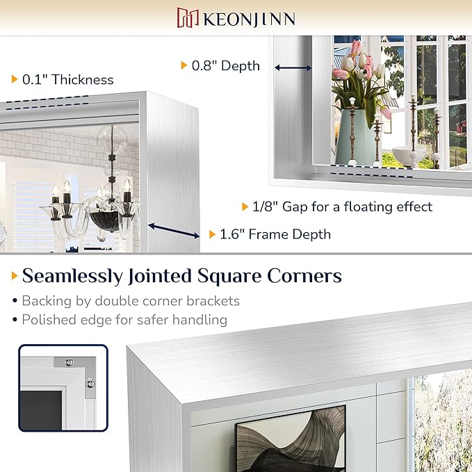 Keonjinn 48 x 24 in Brushed Silver Bathroom Vanity Mirror Rectangular Metal Framed Mirror for Wall Modern Farmhouse Rectangle Mirror Decorative Silver Mirror for Bathroom Sink(Horizontal/Vertical)