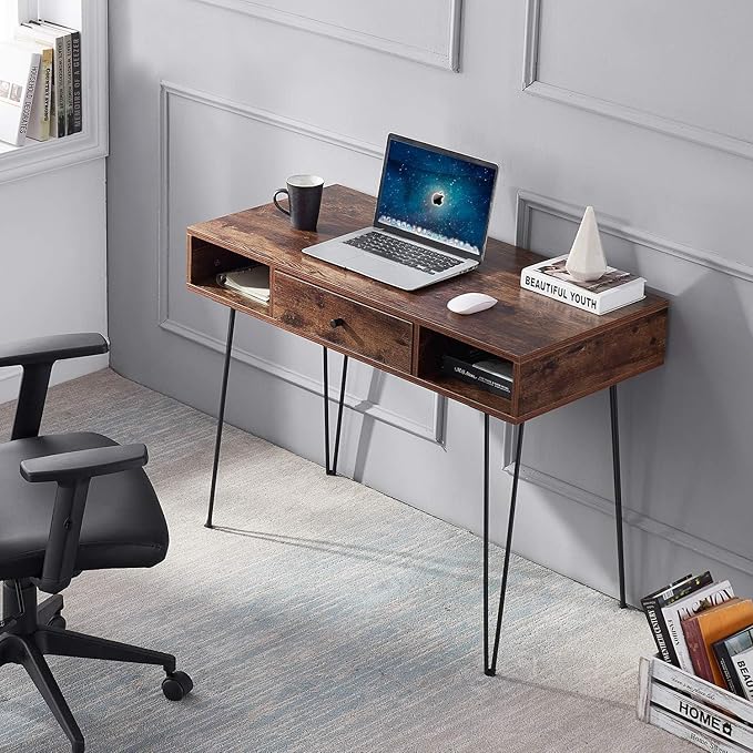 VECELO 39.3" Home Office Work Table with Drawers,Computer Desk with Hairpin Leg for Writing/Study,Classic Brown