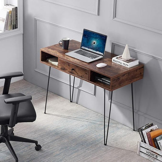 VECELO 39.3" Home Office Work Table with Drawers,Computer Desk with Hairpin Leg for Writing/Study,Classic Brown