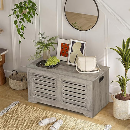 DINZI LVJ Storage Chest, Flip-Top Wooden Toy Box with 2 Safety Hinges, Entryway Shoe Storage Bench, Good Ventilation, Storage Trunk for Living Room, Bedroom, Easy Assembly, Grey Wash