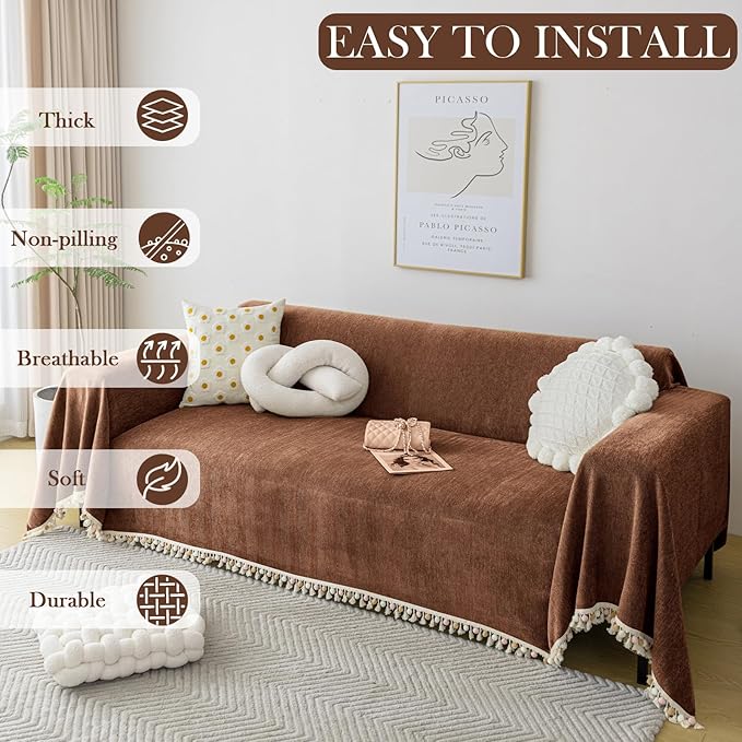 HANDONTIME Boho Style Sofa Cover with Tassels, Washable & Non-Slip Couch Cover for 3 Cushion Sofa, Herringbone Pattern Pet-Friendly Sofa Slipcover, Chocolate Color, 91"x134", Living Room Decor