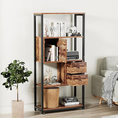 VECELO 5-Tier Bookshelf,Bookcase with 2 Storage Drawers and 1 Cabinet, Wooden Shelf with Metal Frame Open Book Shelves Standing Shelf Unit for Living Room, Bedroom,Office
