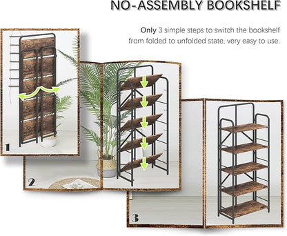 4NM No Assembly Folding Bookshelf 5 Tiers Vintage Industrial Black Book Shelf Metal Foldable Storage Bookcase and Bookshelves for Living Room,Bedroom and Kitchen - Rustic Brown
