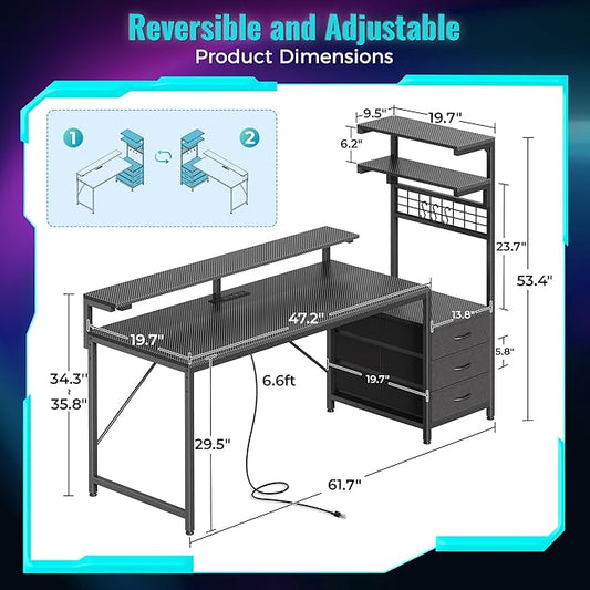 PRAISUN 61.7" Gaming Desk with LED Lights & Outlets, Computer Desk with 3 Fabric Drawers, PC Desk with PC Case Stand & Movable Storage Shelves, Monitor Stand, Reversible, Carbon Fiber Black