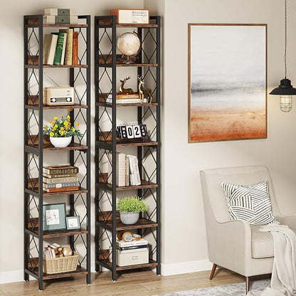 Tribesigns 78.7 Inch Extra Tall Narrow Bookshelf, 7 Tier Skinny Bookcase for Small Spaces, Freestanding Display Shelves, Multifunctional Corner Storage Organizer for Home Office, Rustic Brown