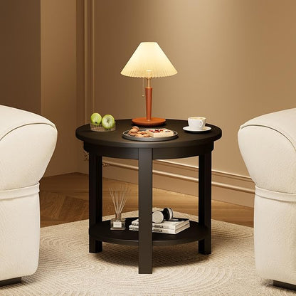 Small Round Wood Coffee Table with Storage Shelf, Living Room Side Table for Couch Sofa, 22 x 20 Inches, 3-Tier Mid Century Modern Wooden End Table for Bedroom, Black