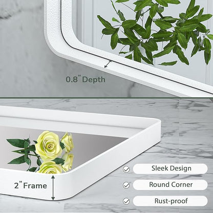 TokeShimi 42 x 36 Inch Bathroom Mirror White Vanity Wall Mirror with Metal Frame Aluminum Alloy Rounded Corner for Modern Farmhouse Wall Decor 1”Deep Set Design (Horizontal/Vertical)