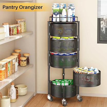 SNTD Fruit and Vegetable Basket Bowls for Kitchen with Metal Top Lid, 5 Tier Rotating Storage Rack Cart for Potato Onion Bread Banana, Wire Basket Organizer on Wheels, Large, Black