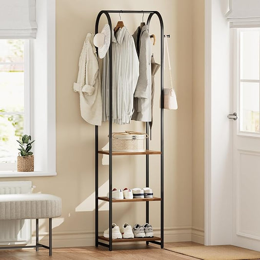 Garment Rack, Coat Rack With 3 Shelves and 4 Hooks, 71" H Clothes Stand For Hanging Clothes, Hanging Rod For for Bedroom, Hallway, Entryway, Office, Living Room, Rustic Brown and Black