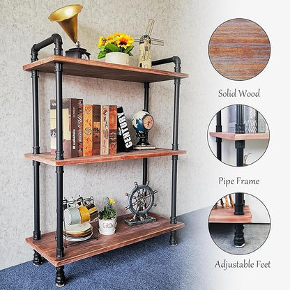 Industrial Bookshelf, 3 Tier Pipe Shelving, Industrial Pipe Shelf - Weathered Brown, 29.5" L x 11.8" W x 39" H