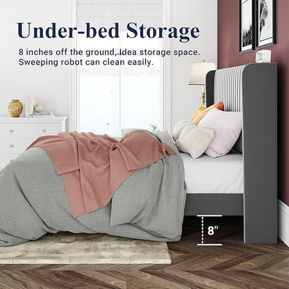 Allewie Queen Size Velvet Bed Frame/Vertical Channel Tufted Wingback Headboard/Upholstered Platform Bed/Strong Wooden Slats/No Box Spring Needed/Easy Assembly/Grey
