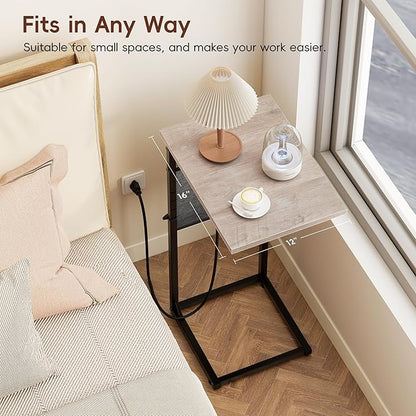 VAGUSICC C Shaped End Table with Charging Station, Adjustable Height Side Table for Couch Recliner, Small Sofa Table with Storage Bag, Slide Under Sofa TV Tray Arm Table for Living Room, Bedroom, Gray