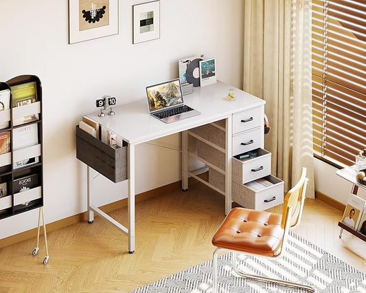 Casaottima 32 inch Small Computer Desk with 4 Fabric Drawers, Side Hook and Cloth Bag, Kids Study Table for Bedroom and Small Space, Pure White