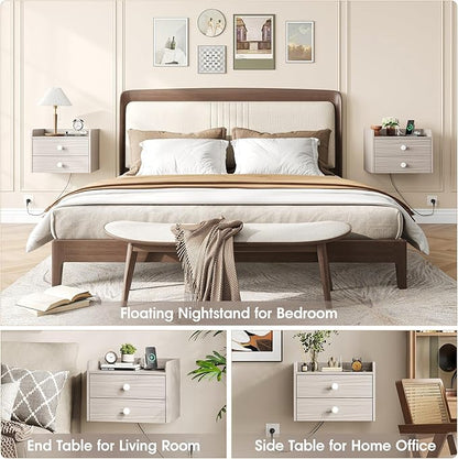 Floating Nightstand Set of 2 with 2 Storage Drawers and Charging Station Wood Wall Mounted Bedside End Table Modern Night Stands Set 2 for Bedroom,Small Space,Grey