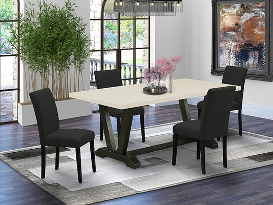 East West Furniture V627AB624-5 5 Piece Dining Set Includes a Rectangle Dining Room Table with V-Legs and 4 Black Color Linen Fabric Upholstered Parson Chairs, 40x72 Inch, Multi-Color