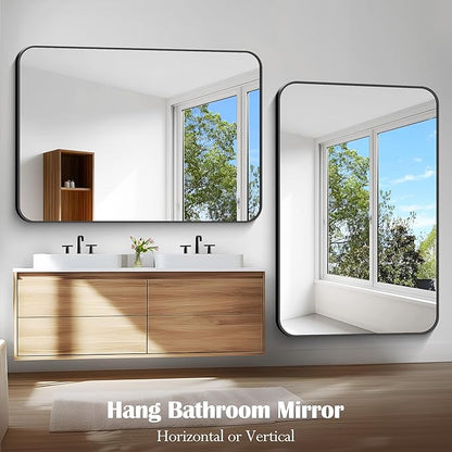 Large Bathroom Mirror, 60 x 40 inch Black Rectangle Mirror, Metal Framed Rectangular Vanity Mirror, Rounded Corner Wall Mounted Mirror for Over Sinks Bedroom Living Room Horizontal/Vertical
