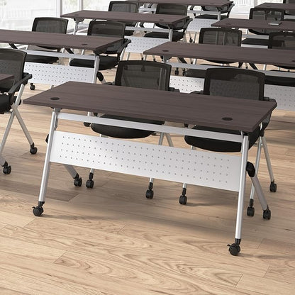 Bush Business Furniture Folding Training Table Set for 2, 60 inch Desk with Powered Grommets and 2 Chairs with Arms, Commercial-Grade Bundle for Office or Classroom, Envision Collection, Gray